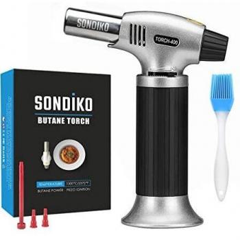Sondiko Blow Torch, Fit ALL Butane Tanks Refillable Kitchen Blow Torch Lighter with Safety Lock and Adjustable Flame Perfect for Desserts, Creme Brulee, BBQ and Baking