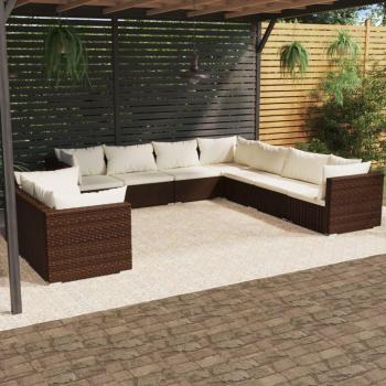 Set de muebles de jardín 9 piezas con cojines de ratán sintético marrón