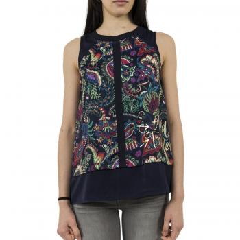 DESIGUAL Cuello Liso Blusa sin mangas de la fantasía de la cachemira - XL, BLU