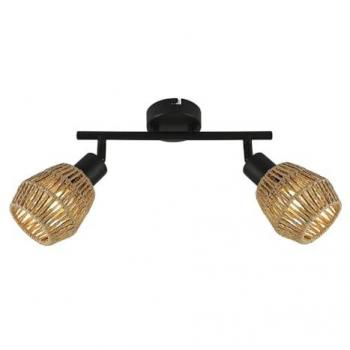 Regleta de Techo Krabi 2xE14 - Iluminación Versátil en Metal y Ratán Negro-Beige, IP20 220/240V 17,5x50x9,5cm