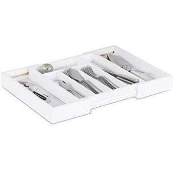 Organizador de Cubiertos Expandible en Bambú, Ancho Variable, 5 a 7 Compartimentos, Blanco - Relaxdays