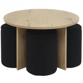 Mesa de centro MDF con 4 taburetes de tela bouclette - Natural y Negro - AKSAY