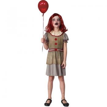 Disfraz de Payasa Aterradora para niña, incluye vestido de tirantes con estampado a rayas, volantes en la falda, delantal rojo con manchas de sangre, medias a rayas y gorro con orejas de