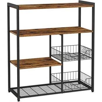 Estantería de cocina con cestas de malla y soporte para microondas, 80x35x95 cm, incluye estantes y ganchos, disponible en marrón rústico, nogal y greige