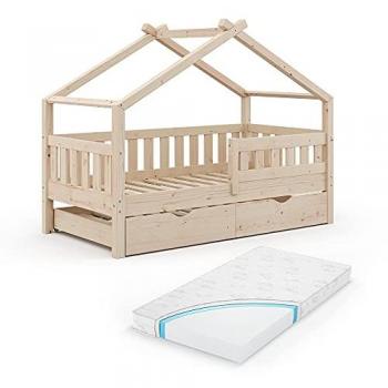 Cama en Forma de Casa Design VitaliSpa, Madera Natural, 80x160 cm con Cama de Invitados y Colchón