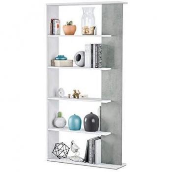 Habitdesign Estantería 5 baldas, Librería Comedor, Salon, Modelo Alida, Acabado en Color Blanco Artik y Gris Cemento, Medidas: 180 cm