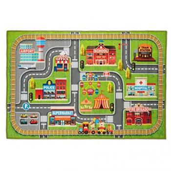 Alfombra Infantil Multicolor Ciudad, 150x100 cm, Antideslizante, Poliéster, Actividades y Juegos para Niños y Niñas