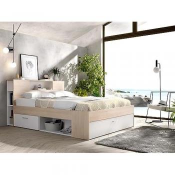 Cama con cabecero con compartimentos y cajones - 140 x 190 cm - Color: natural y blanco + Somier + colchón - LEANDRE