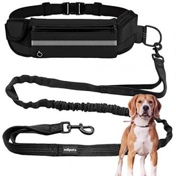 Correa de Perro para Correr Manos Libres Edipets 160cm con Riñonera Negra Reflectante