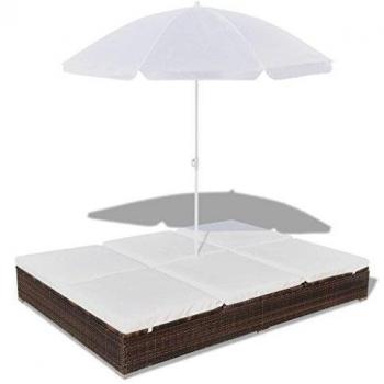Outdoor Lounge Bed with Umbrella, Brown Poly Rattan