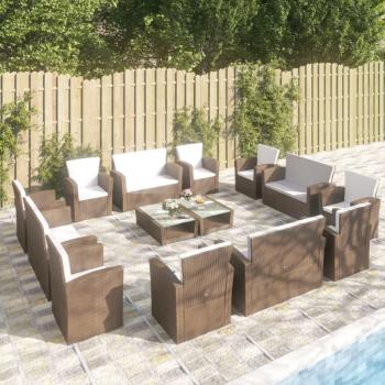 16-Piece Brown Poly Rattan Garden Lounge Set with Cushions