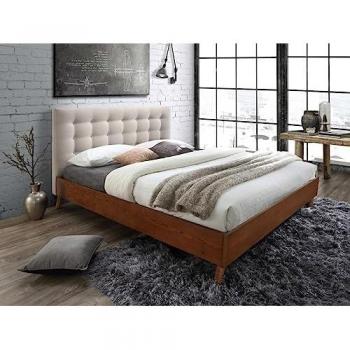 Cama 160 x 200 cm con cabecero capitoné - Tela - Beige + colchón - FRANCESCO