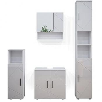 Conjunto de muebles de baño Irma, Blanco alto brillo, 4 piezas con armario alto