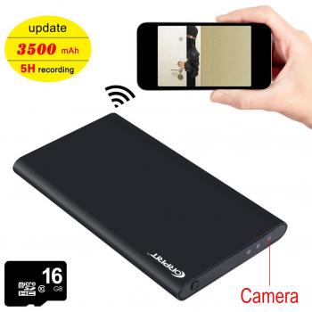 Corprit Cámara Oculta WIFI Spy IP Cam HD 1080P Ultrafino Banco de energía 3500mAh Grabador Fuente de Alimentación Portátil Cámara de Seguridad Espía, Incluye Micro SD de 16GB