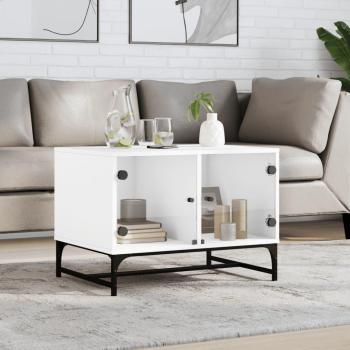 Mesa de centro con puertas de vidrio 68,5x50x50 cm en Blanco, Negro y Roble Sonoma - Mesita de Salón o Comedor o Auxiliar - Mesa de Café Meuble Salón