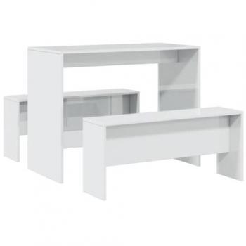 Mesa y bancos de comedor 3 pzas madera ingeniería blanco brillo