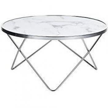 Mesa de Centro Redonda Efecto Mármol Blanco con Tablero de Cristal Templado y Patas de Metal Plateado