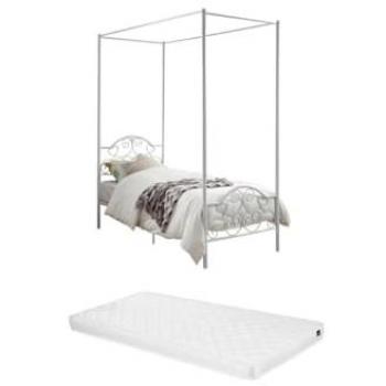 Cama con baldaquín Leyna - 90 x 190 cm - Metal Blanco + Colchón