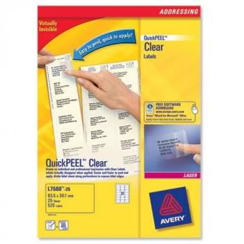 Avery L7560-25 Etiquetas Transparentes para Impresoras Láser, QuickPeel, 63.5 x 38.1 mm, 25 Hojas