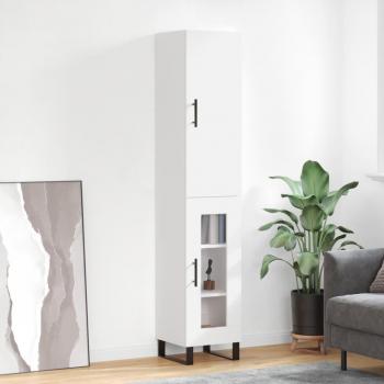 Aparador de madera contrachapada blanco 34,5x34x180 cm con 1 puerta de cristal, mueble de almacenaje para salón, buffet, armario auxiliar y armario de almacenamiento
