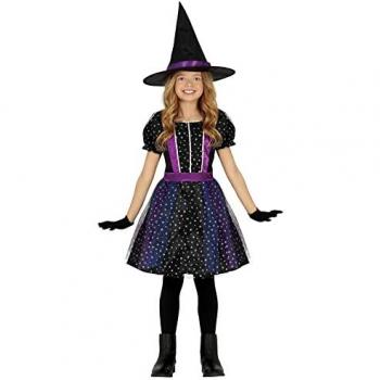 Disfraz de Bruja Dark Estrellas Plateadas para Niña - Incluye vestido lila con purpurina, sombrero de bruja, talla 3-4 años