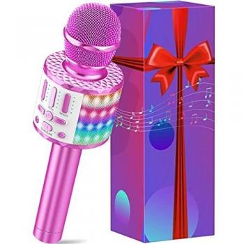 Micrófono Karaoke Bluetooth, Microfono Inalámbrico Karaoke con Altavoz y LED, Micrófono Portátil para Niños Canta Partido Musica, Niñas Juguete de Regalo, Soporte Youtube, Skype, Android/iOS/PC/AUX