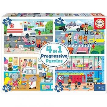 Educa 18903 4 en 1 Héroes en Acción. Puzzles Progresivos Infantiles. 20, 40, 60 y 80 Piezas. +4 años. Ref, Multicolor