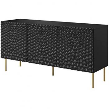 Aparador Charlotte 169 - Negro y Dorado, Aglomerado Laminado y MDF, 152 x 75 x 43 cm, con 3 Puertas y Sistema de Apertura sin Asas
