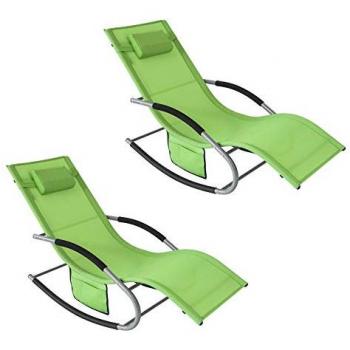 Set de 2 Tumbonas Mecedoras con Almohada y Bolsillo Lateral, Estructura de Hierro, Malla Transpirable Teslin, Color Verde, Soporta hasta 150 kg