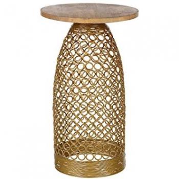 Mesa Auxiliar Redonda de Madera de Mango Clara con Base Geométrica Dorada 30 cm