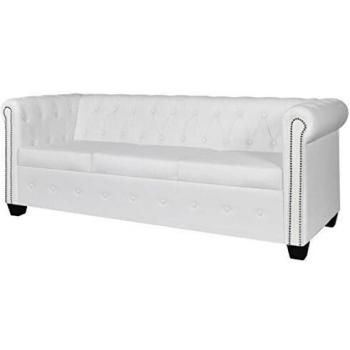 vidaXL Sofá tipo Chesterfield Blanco de 3 plazas Revestimiento Cuero Artificial