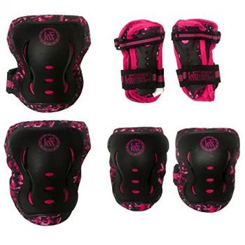 KRF Conjunto de Protecciones Juveniles Camuflaje Rosa - Set de protecciones junior, incluye rodilleras, coderas y muñequeras, diseñado para ofrecer seguridad y comodidad a los jóvenes skaters y ciclistas