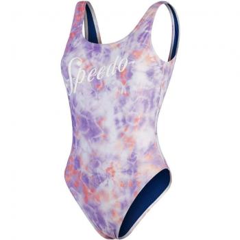 Bañador Speedo Printed Logo Deep U-Back lila pastel rojo blanco mujer con bolsillo para prótesis - 36