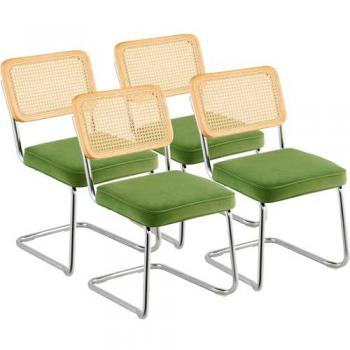 Vevor Mid Century Modern Rattan Dining Chair Set - Upholstered Velvet Accent Chairs with Rattan Back, Retro Style for Kitchen and Dining Room (Set of 4)