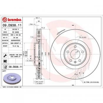 Disco de freno BREMBO 09.D938.11, ventilado, ranurado, altamente carbonizado, diámetro: 360mm, altura: 52mm, espesor: 36mm, incluye 1 pieza