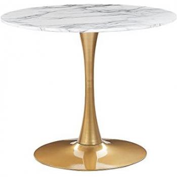 Mesa de Comedor Redonda Industrial 90 cm Efecto Mármol Blanco con Base Metálica Dorada y Tablero MDF
