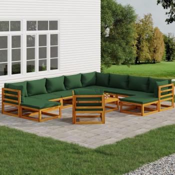 12-Piece Solid Wood Garden Lounge Set with Green Cushions