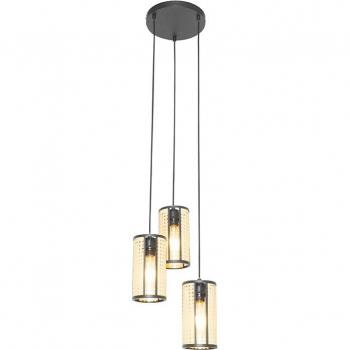 Lámpara colgante retro negra de rattan redonda 3 luces - Akira, adecuada para LED, max. 3 x 40W