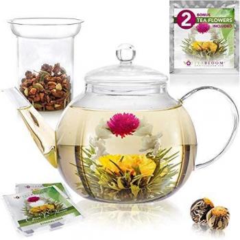 Tetera de cristal de Teabloom & Juego de infusor de vidrio - da para 6-8 tazas - es la mejor opción para hojas de té sueltas o té floreciente – se incluyen 2 flores de té