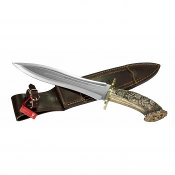 Electropolis Cuchillo de Lujo Muela Podenquero con asta de Ciervo PODENQUERO-GV, asta de Ciervo, Hoja MOVA de 26 cm, Mango de 13 cm Escena Ciervo + Tarjeta Multiusos de Regalo