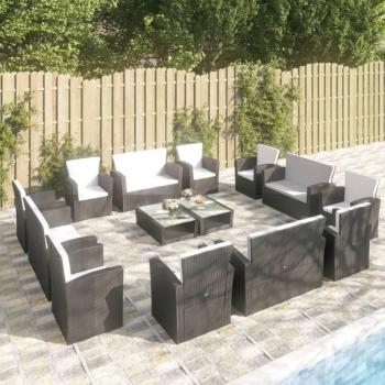 16-Piece Black Poly Rattan Garden Lounge Set with Cushions