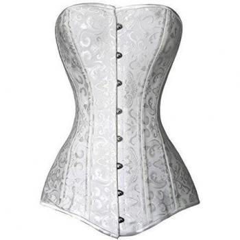 Charmian Women's Plus Size Long Line Jacquard Satin Steel 26 Steel Bones Double Boned Overbust Long Torso corsé Satin White 6X-Large