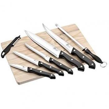 Set de cuchillos de cocina Pradel Excellence con tabla de cortar de madera, 5 cuchillos, un sacapuntas y un pelapatatas en gris y negro