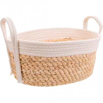 Cesta Ovalada Natural y Blanco Roto 32x21x12 Cm - Cesta Multiusos Meng de tela y cuerda grande
