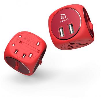 Adam Elements Omnia - Adaptador de Viaje Universal con 2 Puertos USB-A para enchufes de EE. UU, Reino Unido, Europa, estándar AU de 5 V/2,5 A para Carga rápida, Color Rojo