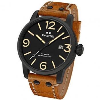 TW Steel Maverick Men Quartz Watch with Black Dial Analogue Display and Brown Leather Strap MS31