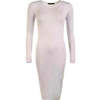 WearAll - Mujeres Manga Larga Stretch Bodycon Llanura Ronda Midi Vestido Cuello - Blanco - 40-42