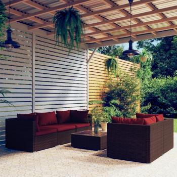 6-Piece Brown Poly Rattan Garden Lounge Set with Cushions