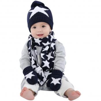 Happy Cherry Gorro Gorrito Bebé Infante Niño Niña Bonito Cálido para Otoño Invierno Hecho de Punto Conjunto de Happy Cherry Gorro Guantes y Bufanda - Estrella Azul 50cm