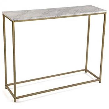 Mesa Consola Recibidor Estrecho Montpellier - 81 x 30 x 100 cm - Madera y Metal - Color Mármol y Dorado